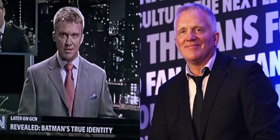 Side by side of Anthony Michael Hall as a news reporter in "The Dark Knight" and now.