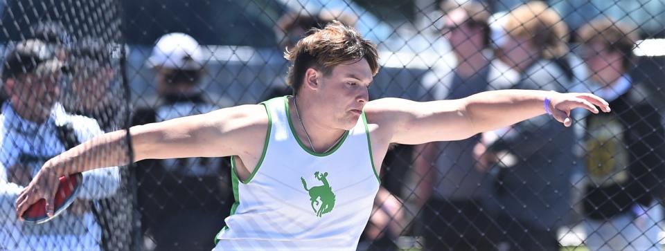 Breckenridge's Adler Loftis competes in the discus at the Region I-3A meet Saturday at ACU's Elmer Gray Stadium. He finished second to earn a state berth.