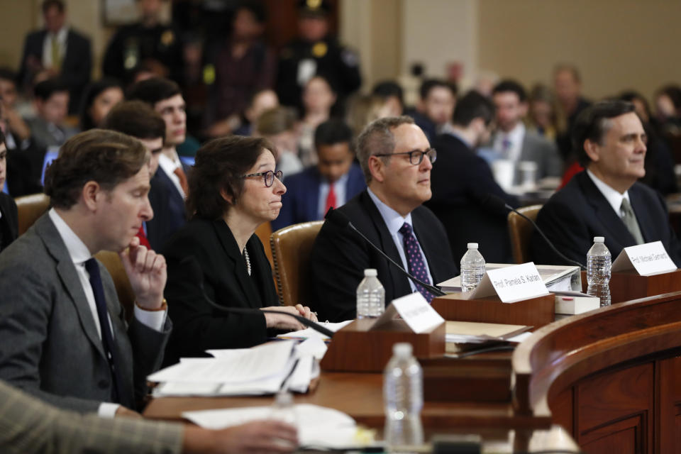 From left, Constitutional law experts, Harvard Law School professor Noah Feldman, Stanford Law School professor Pamela Karlan, University of North Carolina Law School professor Michael Gerhardt and George Washington University Law School professor Jonathan Turley testify during a hearing before the House Judiciary Committee on the constitutional grounds for the impeachment of President Donald Trump, on Capitol Hill in Washington, Wednesday, Dec. 4, 2019. (AP Photo/Andrew Harnik)