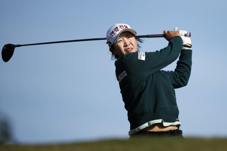 Jin Hee Im of South Korea plays her shot from the third tee during the sixth round of LPGA Q-School at Magnolia Grove Golf Course on December 06, 2023 in Mobile, Alabama. (Photo by Alex Slitz/Getty Images)