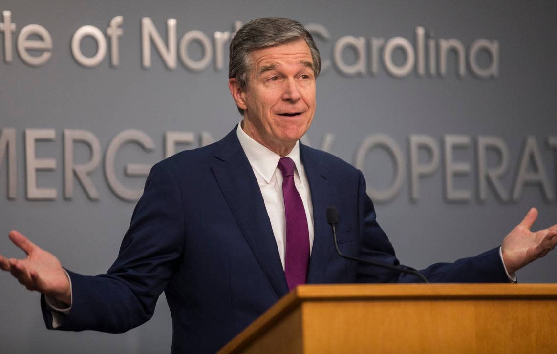 Gov. Roy Cooper speaks to reporters during a COVID-19 press conference at the state Emergency Operations Center in Raleigh, N.C. on Wednesday, July 21, 2021.