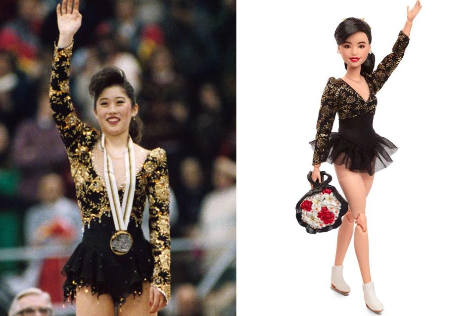 <p>AP Photo / Al Messerschmidt; Mattel Inc.</p> Kristi Yamaguchi at 1992 Olympics and her Barbie