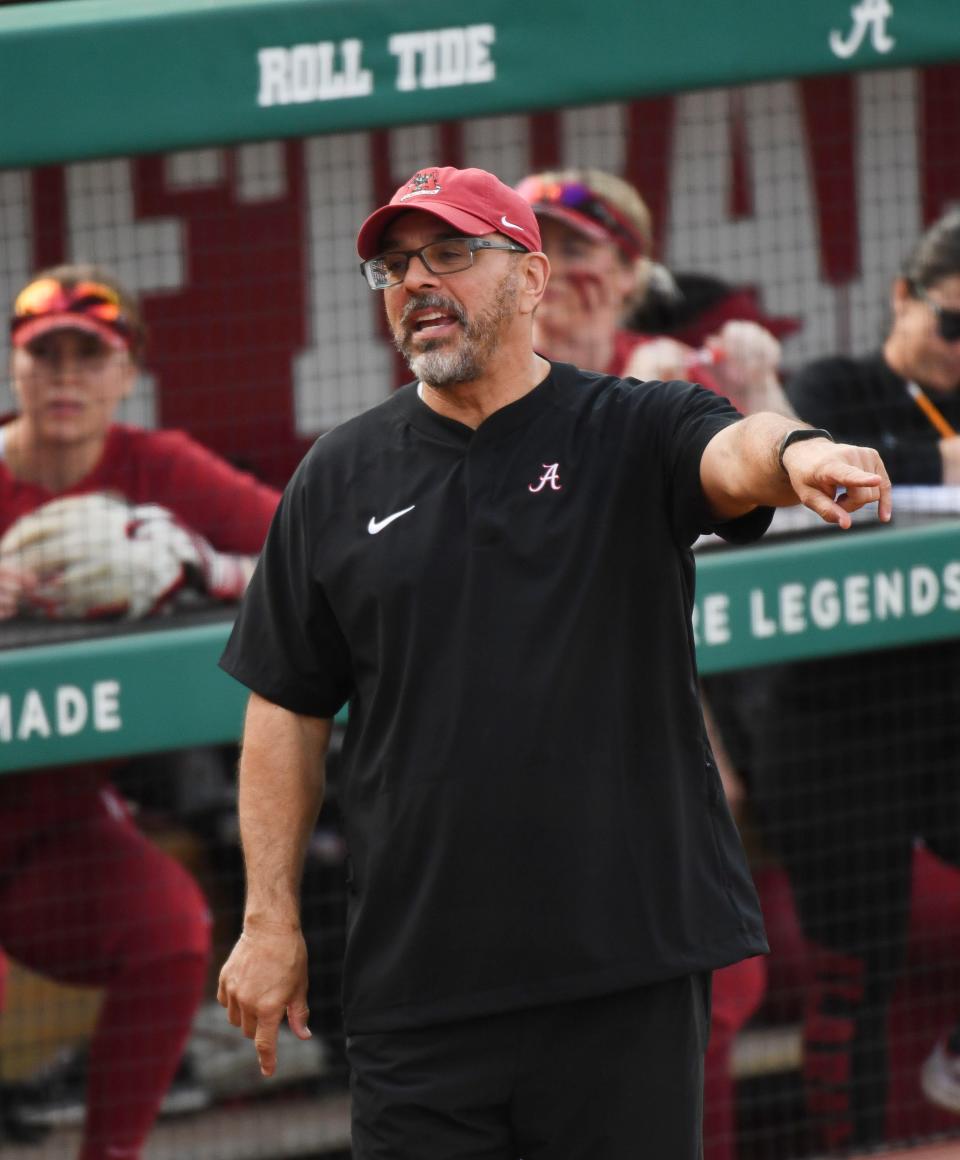 Feb 21, 2024; Northport, Alabama, USA; Alabama head coach Patrick Murphy gives directions during the game with UNA at Rhoads Stadium Wednesday.