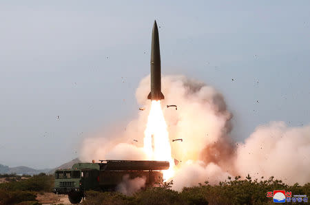 North Korean military conducts a "strike drill" for multiple launchers and tactical guided weapon into the East Sea during a military drill in North Korea, in this May 4, 2019 photo supplied by the Korean Central News Agency (KCNA). KCNA via REUTERS