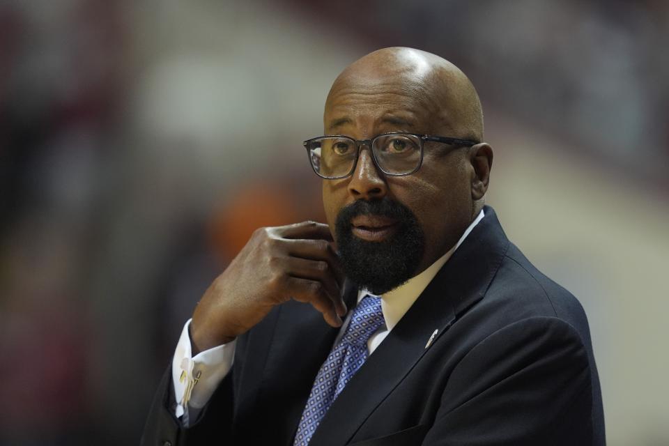 Indiana head coach Mike Woodson watches during the second half of an NCAA college basketball game against Nebraska, Wednesday, Feb. 21, 2024, in Bloomington, Ind. (AP Photo/Darron Cummings)