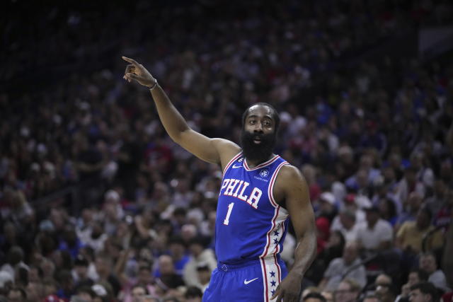 Philadelphia 76ers' James Harden plays during the first half of Game 6 of an NBA basketball playoffs Eastern Conference semifinal, Thursday, May 11, 2023, in Philadelphia. (AP Photo/Matt Slocum)