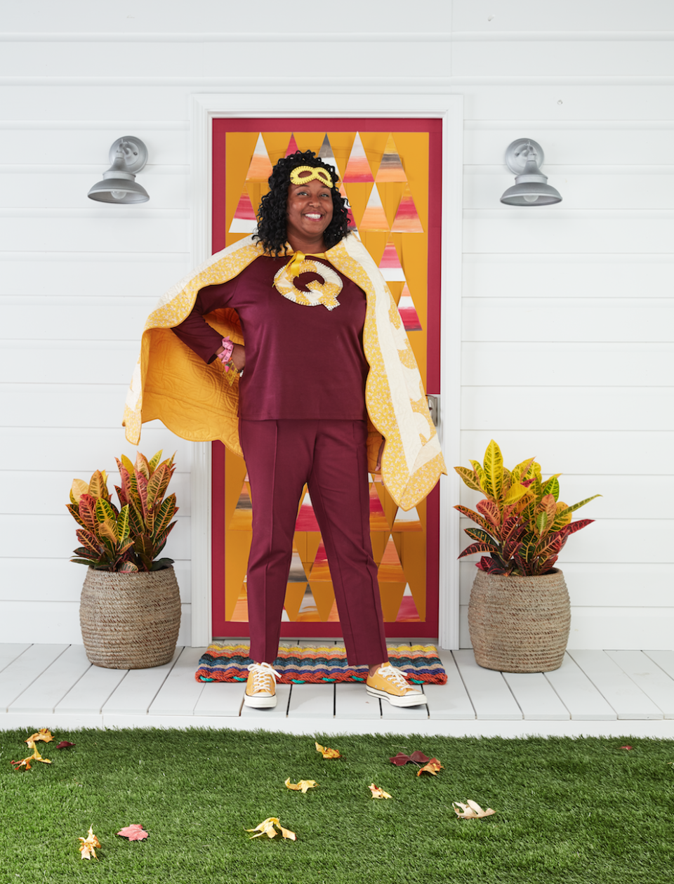<p>When you're a mom, you're already a superhero. However, if you love quilting, become the super quilter for Halloween!</p><p><strong>Make the Costume: </strong>Cut a quilt into a trapezoid shape; sew a corresponding color bias tape around the edges to finish. At the top corners of the trapezoid, sew a corresponding color ribbon for ties. Use a scrap of the quilt to cut out an oversize letter "Q" and blanket stitch it to the front of a T-shirt. Blanket stitch around the edges of a felt superhero mask. Round out the look with a tailor tape measure bracelet adorned with sewing charms. Glue a metal thimble to a silver ring blank to create a superpower ring.</p><p><a class="link " href="https://www.amazon.com/flic-flac-inches-Assorted-Fabric-Patchwork/dp/B01GCRXBVE/?tag=syn-yahoo-20&ascsubtag=%5Bartid%7C10050.g.28181767%5Bsrc%7Cyahoo-us" rel="nofollow noopener" target="_blank" data-ylk="slk:SHOP FELT">SHOP FELT</a></p>