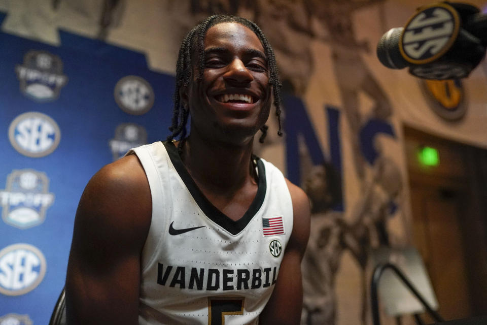 Vanderbilt NCAA college basketball player Ezra Manjon speaks during Southeastern Conference Media Days, Wednesday, Oct. 18, 2023, in Birmingham, Ala. (AP Photo/Mike Stewart)