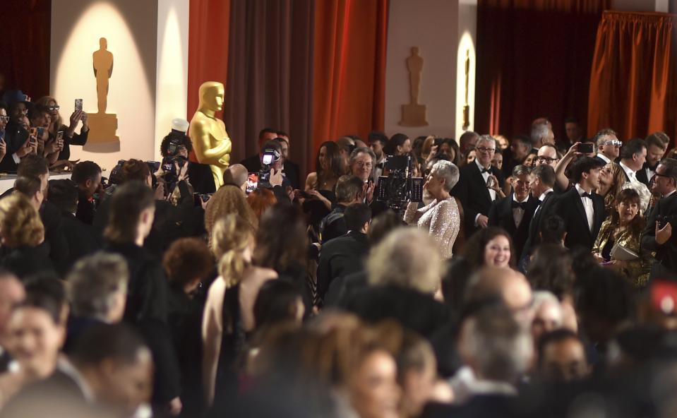 Jamie Lee Curtis arrives at the Oscars on Sunday, March 12, 2023, at the Dolby Theatre in Los Angeles. (Photo by Richard Shotwell/Invision/AP)