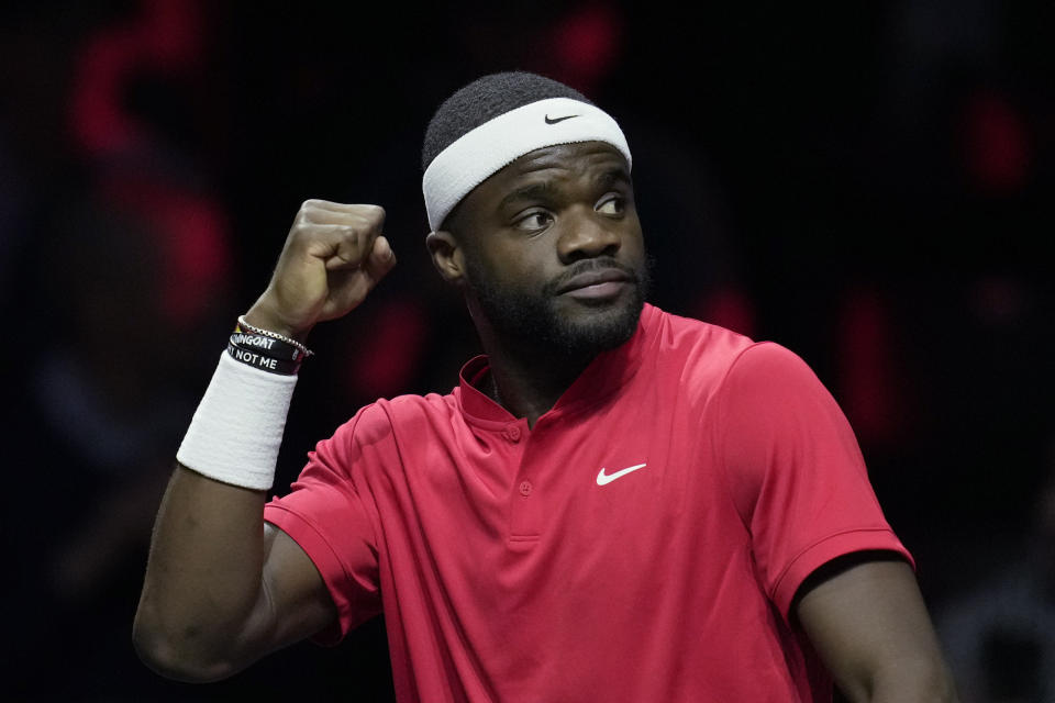 Team World's Frances Tiafoe, gestures during a match against Team Europe's Novak Djokovic on second day of the Laver Cup tennis tournament at the O2 in London, Saturday, Sept. 24, 2022. (AP Photo/Kin Cheung)