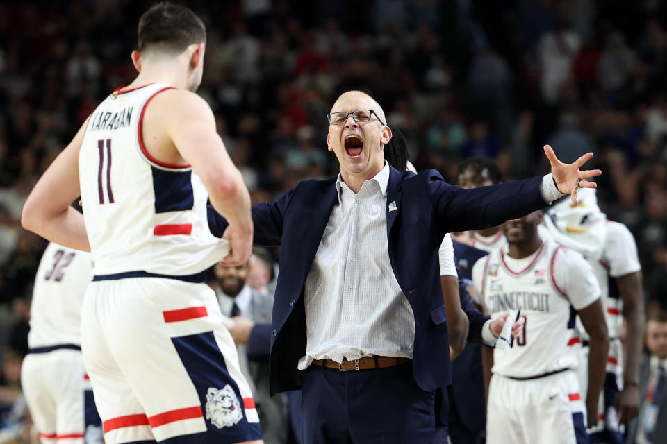 UConn became just the eighth school to win back-to-back men's basketball national championships on Monday night with its win over Purdue. (Photo by Jamie Squire/Getty Images)