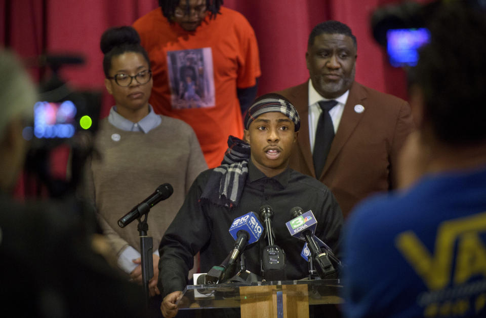 Stevante Clark, the brother of Stephon Clark who was killed by police last year, speaks during a news conference at the Genesis Church in Sacramento, Calif., Sunday, March 3, 2019. Standing behind Clark are National Action Network representative Margaret Fortune, left, Clark's uncle Curtis Gordon, and Tecoy Porter Sr., pastor at the Genesis Church. Clark's comments followed Saturday's announcement by Sacramento District Attorney Anne Marie Schubert that the two officers who shot and killed Stephon Clark will not be charged in the shooting. (AP Photo/Randall Benton)