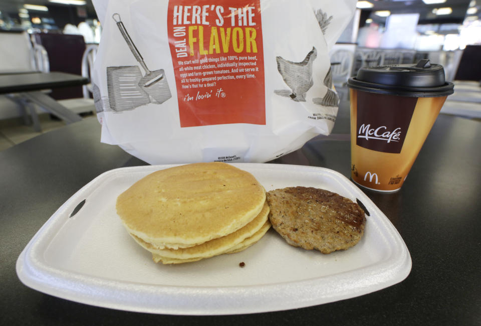 A McDonald&#39;s breakfast is arranged for an illustration Thursday, Feb. 14, 2013 at a McDonald&#39;s restaurant in New York. (AP Photo/Mark Lennihan)