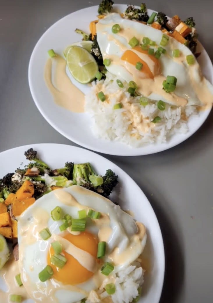 Honey miso glazed veggies with rice and egg with sriracha mayo sauce