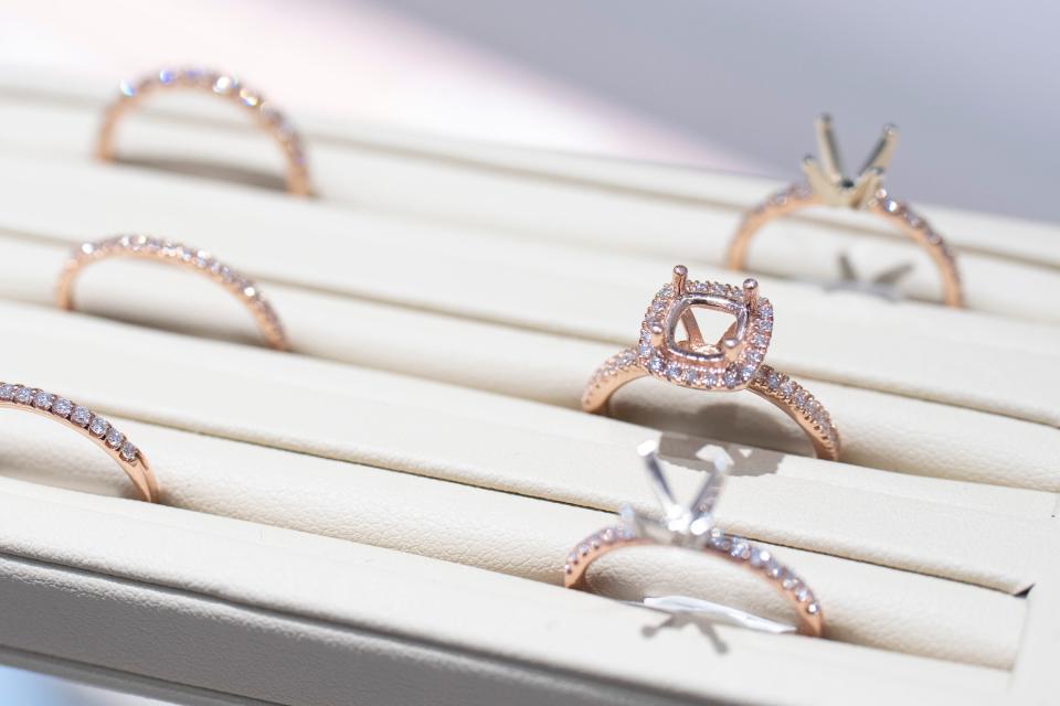 Jan 18, 2023; Columbus, Ohio, USA;  Rose gold bridal rings are seen at Clean Origin, a new jewelry shop in Easton, which, according to their website, exclusively uses lab-grown diamonds, and uses recycled metals whenever possible. Mandatory Credit: Joseph Scheller-The Columbus Dispatch