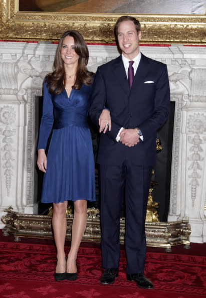 Photo by: Getty Images<br>The $616 blue Issa London wrap dress Kate Middleton wore at her engagement announcement sold out at London's Harvey Nichols department store in 24 hours.-<br>Thankfully, there are now tons of similar styles on the market.