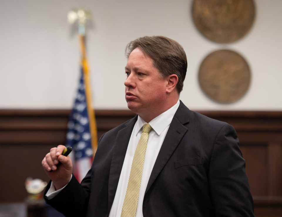 Defense attorney Adam VanHo delivers opening statements Tuesday in the trial of Thomas Ellis, 21, who is charged in the murder of Dominic Gray, at the Summit County Courthouse in Akron.