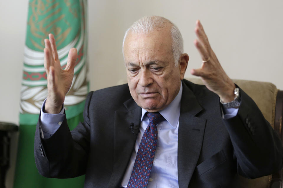 Arab League Secretary-General Nabil Elaraby speaks during an interview with the Associated Press, in Cairo, Egypt, Thursday, April 10, 2014. The head of the Arab League said Thursday he is confident that Israel and the Palestinians soon will resolve a crisis over the release of long-held Palestinian prisoners and extend their U.S.-brokered peace talks beyond an April deadline. Elaraby told The Associated Press that the April 29 deadline would be extended “for months” and rejected the idea that the talks have failed to make progress. (AP Photo/Hassan Ammar)