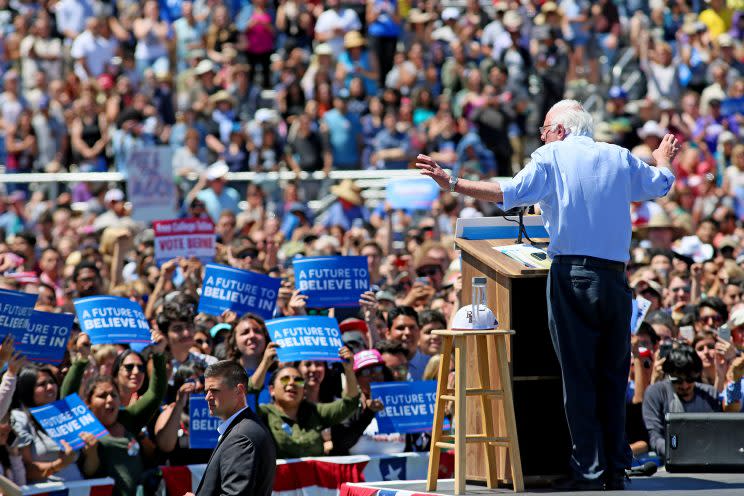 Democratic presidential candidate Sen. Bernie Sanders, I-Vt., speaks at a rally on Sunday, May 22, 2016, in Vista, Calif. (Photo: Sandy Huffaker/AP)