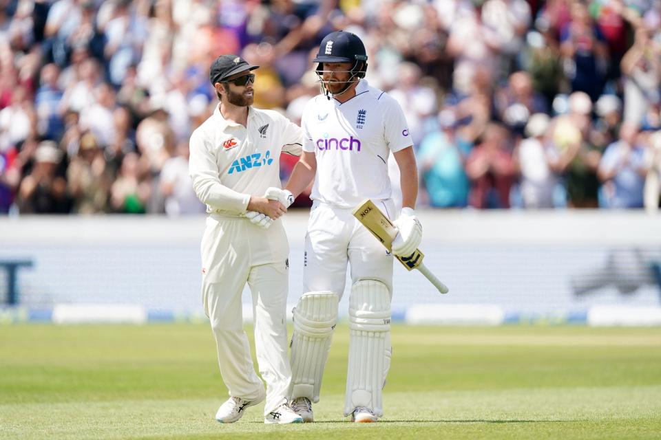 New Zealand’s Kane Williamson (left) shakes England’s Jonny Bairstow after he was bowled out (PA)