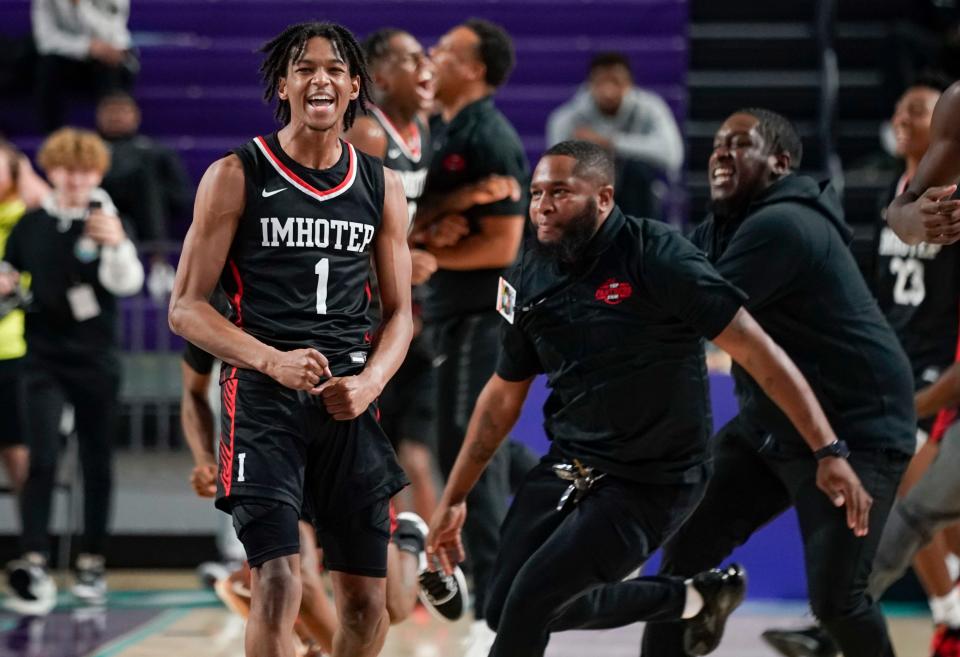 Imhotep Charter Panthers guard Rahmir Barno (1) celebrates after a buzzer beater to win the quarterfinal against the Archbishop Stepinac Crusaders during the 49th annual City of Palms Classic at Suncoast Arena in Ft. Myers on Sunday, Dec. 18, 2022. 