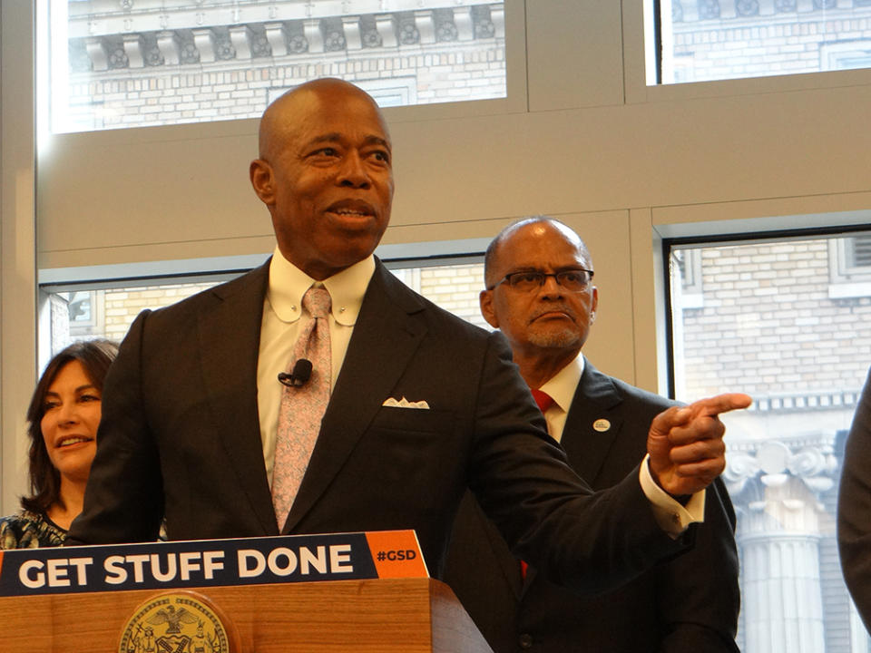 New York City Mayor Eric Adams, with Chancellor David Banks behind him, praised the expansion of apprenticeships in the city to help young people improve their lives. (Patrick O’Donnell)