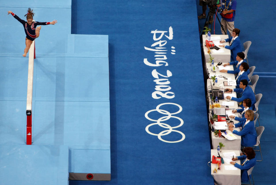 Shawn Johnson of the USA competes on the Women's Beam Final at the National Indoor Stadium on Day 11 of the Beijing 2008 Olympic Games on August 19, 2008 in Beijing, China.