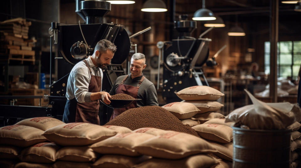 A team of baristas in the roasting area with sacks of freshly roasted coffee beans.