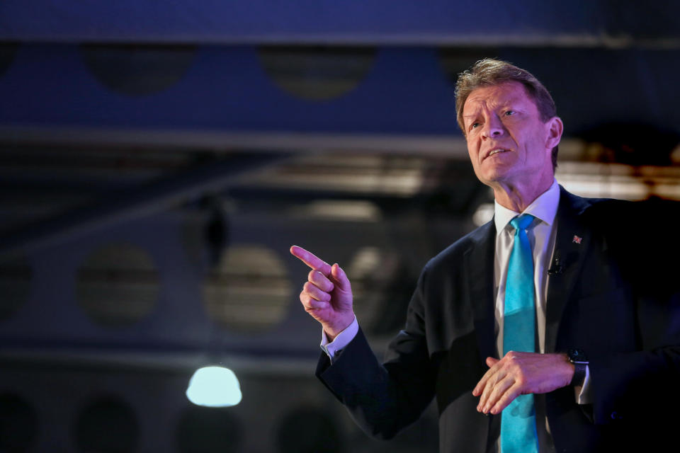 DONCASTER, YORKSHIRE, UNITED KINGDOM - 2024/02/24: Reform UK leader Richard Tice takes to the stage to speak to conference, outlining the policies in their draft contract to voters. Reform UK held its Spring conference at Doncaster Racecourse hard on the heels of two good by-election results in Wellingborough and Kingswood where they polled 13 and 10% respectively. Reform UK is regularly polling in double figures and plans to stand candidates in all 650 wards in the next general election. (Photo by Martin Pope/SOPA Images/LightRocket via Getty Images)