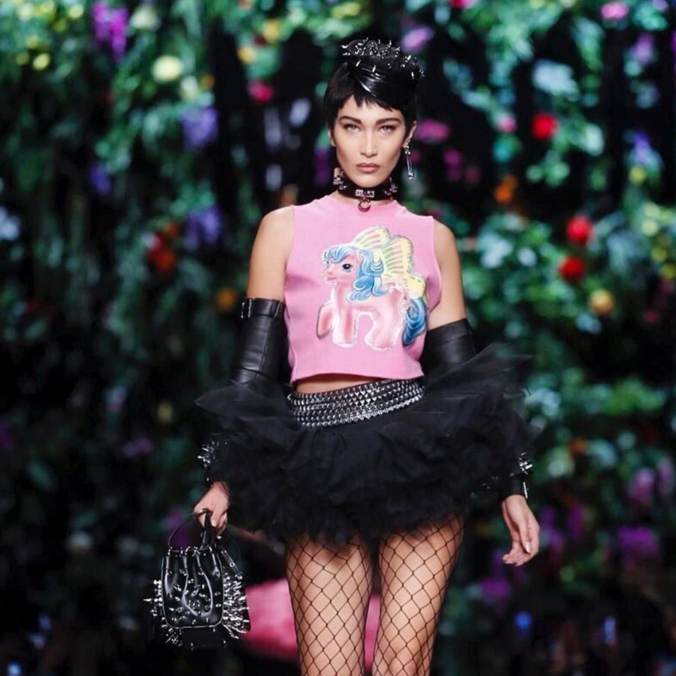 <p>Moschino always injects some serious nostaliga, and this season they made millennials dreams come true by making it adult appropes to wear My Little Pony again.<br><em>[Photo: Bella Hadid/Instagram]</em> </p>
