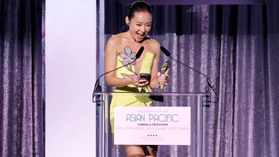 Li Jun Li speaks onstage during the Critics Choice Association’s Celebration of Asian Pacific Cinema & Television at Fairmont Century Plaza in Century City, California.