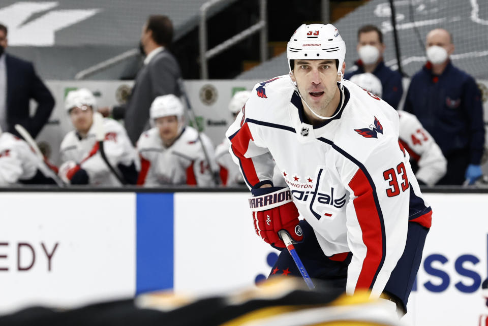 BOSTON, MA - MARCH 03: Washington Capitals defenseman Zdeno Chara (33) eyes a face off during a game between the Boston Bruins and the Washington Capitals on March 3, 2021, at TD Garden in Boston, Massachusetts. (Photo by Fred Kfoury III/Icon Sportswire via Getty Images)