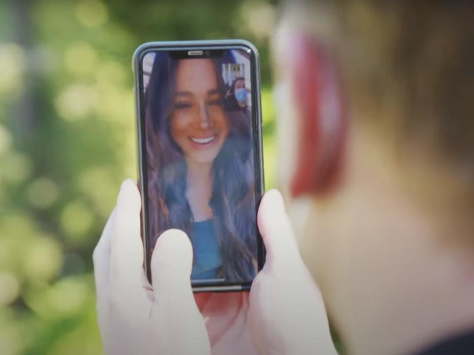 Meghan Markle on FaceTime to James Corden and Prince Harry.