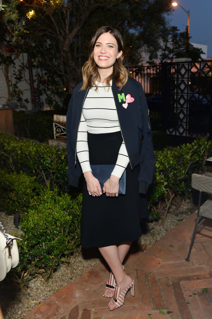 <em>Mandy Moore in Sergio Rossi striped mules [Photo: Getty]</em>