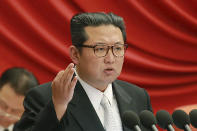 FILE - In this photo provided by the North Korean government, North Korean leader Kim Jong Un attends a meeting of the Central Committee of the ruling Workers' Party in Pyongyang, North Korea, in December 2021. North Korea on Thursday, Jan. 27, 2022, fired two suspected ballistic missiles into the sea in its sixth round of weapons launches this month, South Korea’s military said. The content of this image is as provided and cannot be independently verified. (Korean Central News Agency/Korea News Service via AP, File)