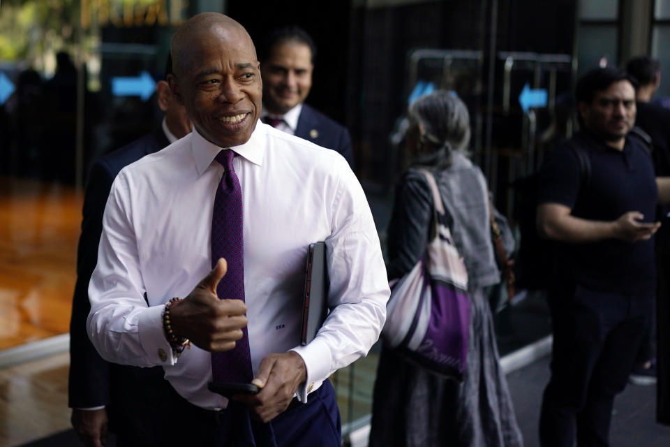 New York Mayor Eric Adams gives a thumbs up as he leaves the building after participating in a forum by the US - Mexico Foundation in Mexico City, Thursday, Oct. 5, 2023. (AP Photo/Eduardo Verdugo)