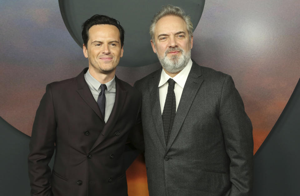 Andrew Scott, left, and Sam Mendes arrive at the Los Angeles premiere of "1917" at the TCL Chinese Theatre on Wednesday, Dec. 18, 2019. (Photo by Willy Sanjuan/Invision/AP)