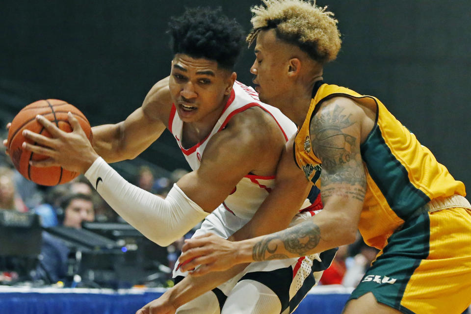 Mississippi guard Breein Tyree (4) tries to push past Southeastern Louisiana guard Isiah Kirby (2) during the second half of an NCAA college basketball game, Saturday, Dec. 21, 2019, in Jackson, Miss. Mississippi won 83-76.(AP Photo/Rogelio V. Solis)