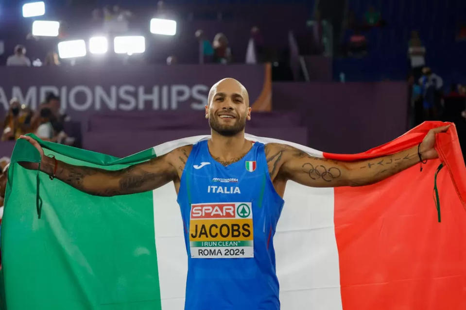 、義大利選手雅各布斯 (Marcell Jacobs)衛冕歐洲100公尺金牌。摘自義大利隊推特