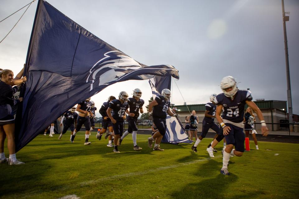 East Jackson takes the field during a GHSA high school football game between Gilmer and East Jackson in Commerce, Ga., on Friday, Sept. 25, 2020. Gilmer won the game 28-19.