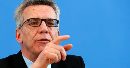 German Interior Minister Thomas de Maiziere presents the German crime statistics for 2016 during a news conference in Berlin, Germany, April 24, 2017. REUTERS/Fabrizio Bensch