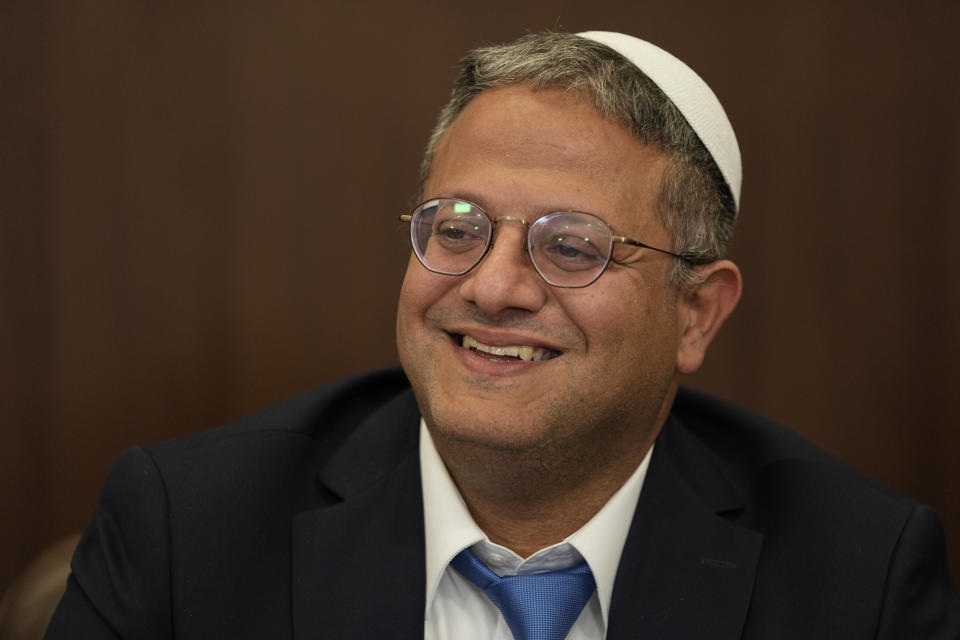 Itamar Ben Gvir, a new minister of national security, attends a cabinet meeting in Jerusalem Thursday, Dec. 29, 2022. (AP Photo/Ariel Schalit, Pool)