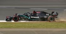 <p>Lewis Hamilton of Great Britain driving the (44) Mercedes AMG Petronas F1 Team Mercedes W11 runs wide during qualifying for the F1 Grand Prix of Great Britain at Silverstone on August 01, 2020 in Northampton, England</p>