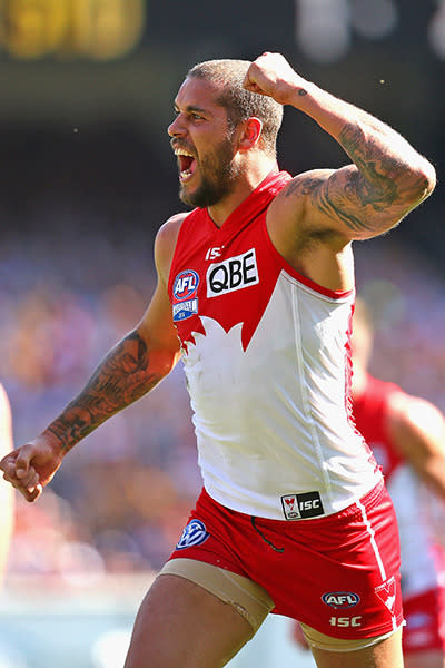 <p>Lance Franklin celebrates his goal in the first quarter.</p>