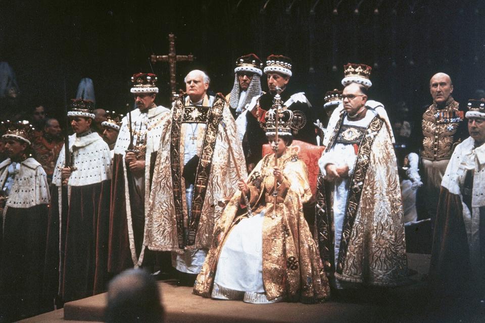 Queen Elizabeth II after her coronation ceremony in Westminster Abbey, London.