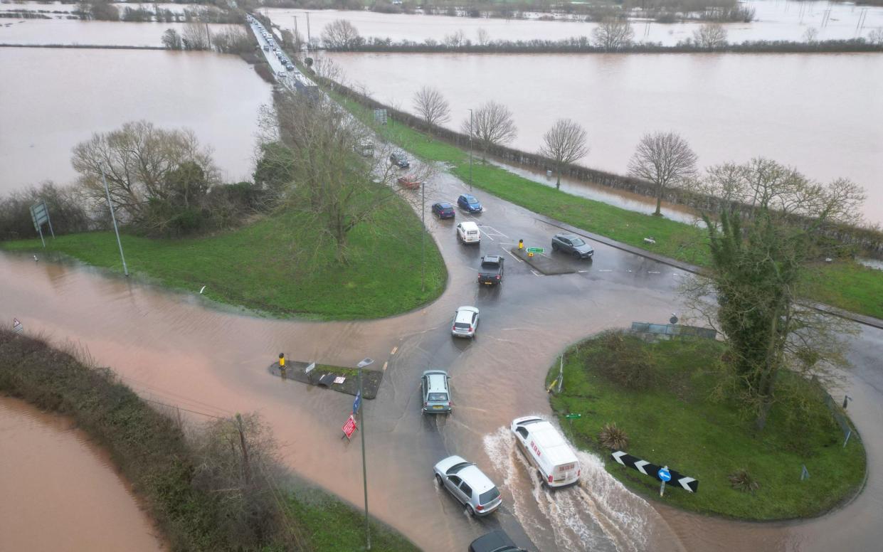 Floodwater from the River Lugg covers fields and roads in Hereford