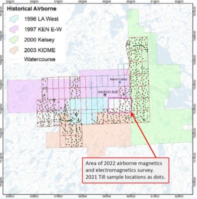 The distribution of 2021 till samples and outline of the 2022 airborne geophysics program. (CNW Group/Mountain Province Diamonds Inc.)