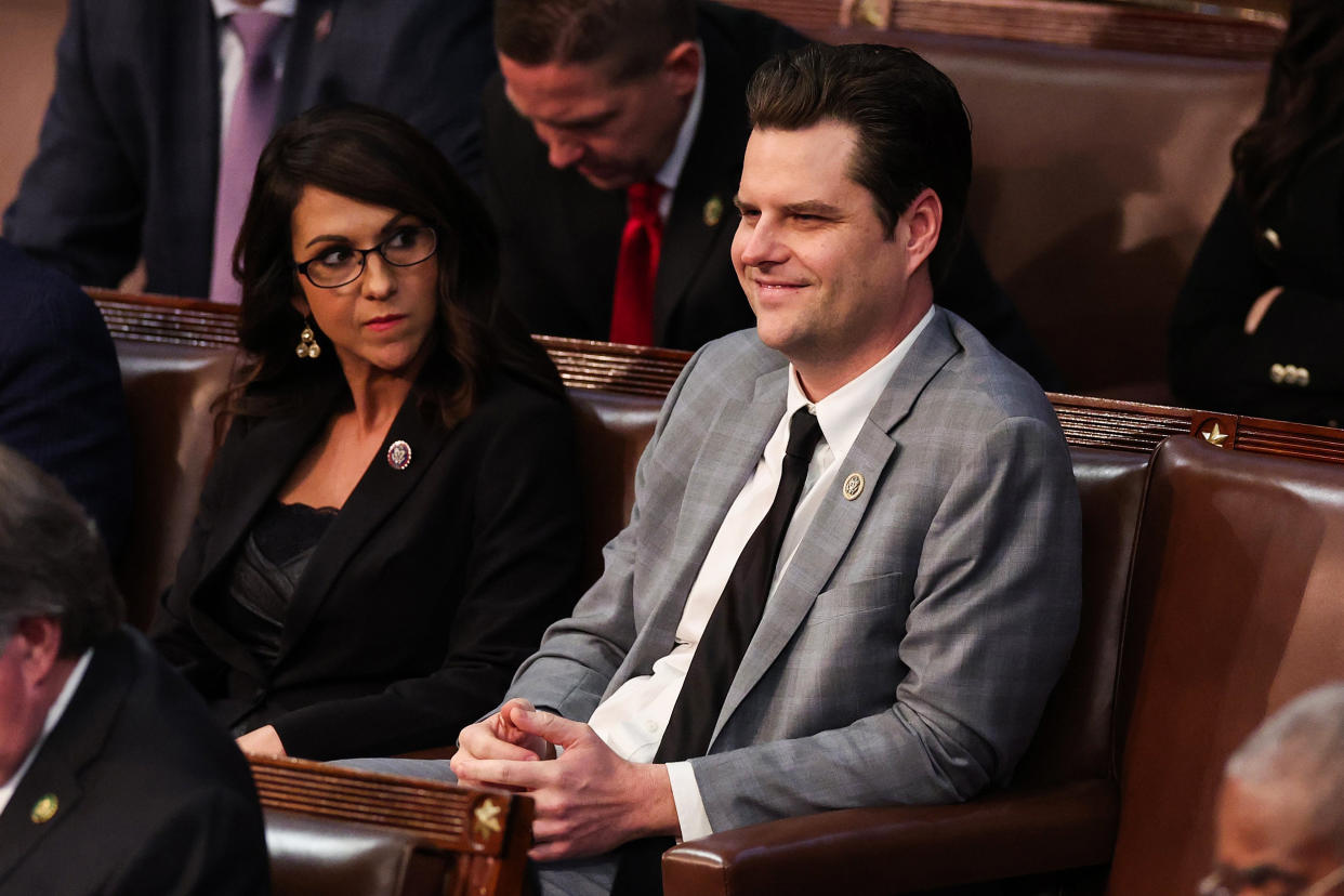 Rep.-elect Matt Gaetz, R-Fla., sits next to Rep.-elect Lauren Boebert, R-Colo., in the House Chamber during the fourth day of elections for Speaker of the House on Jan. 6, 2023. (Win McNamee / Getty Images file)