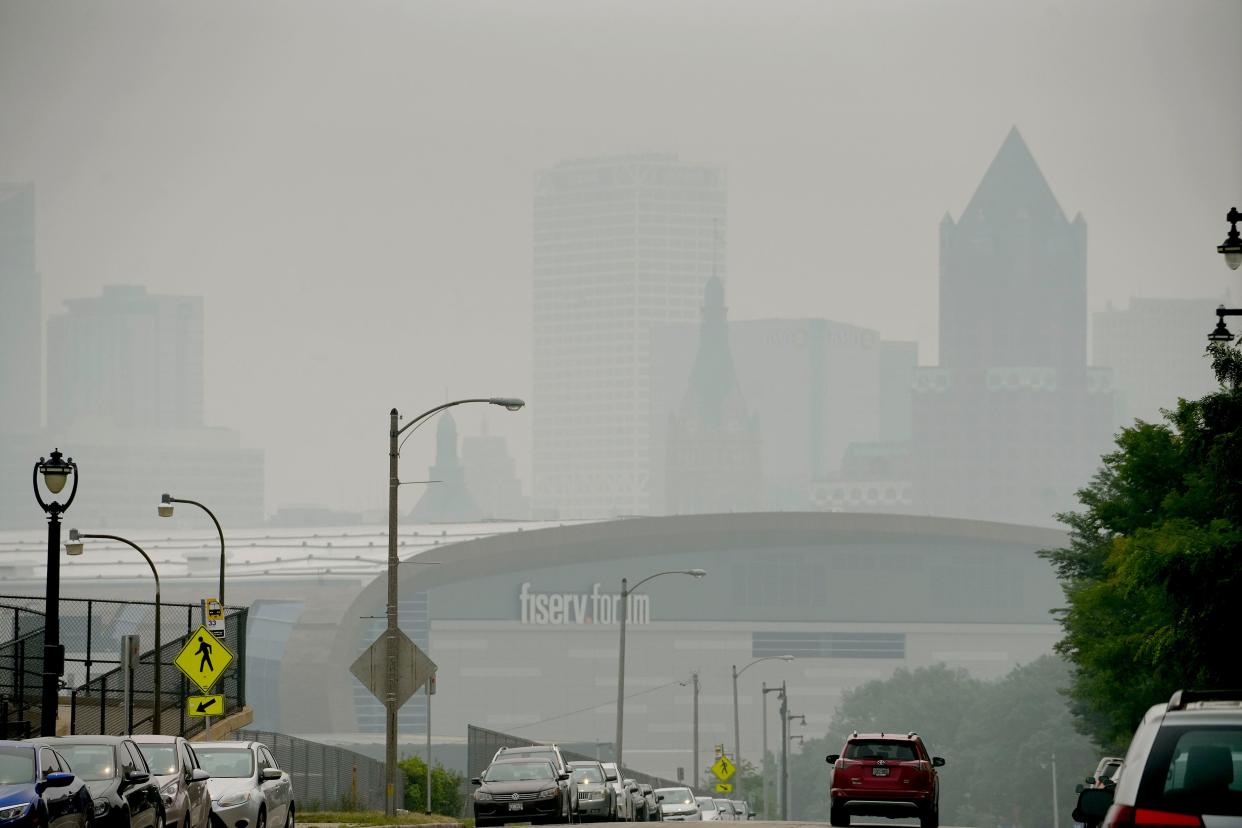 Haze covers downtown Milwaukee from this view on W. Vilet Street looking south east towards the Fiserv Forum in Milwaukee on Tuesday As defined by  IQAir.com,  Milwaukee is the fourth worst air quality in the country and the world today as smoke from  Canadian wildfires continues to hover our area.