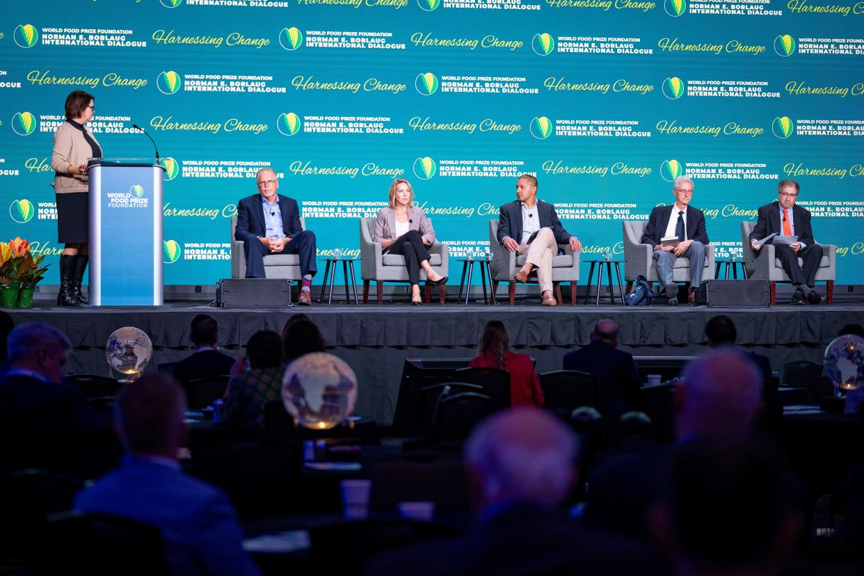 Panelists discuss where agriculture, energy and food security intersect during the Borlaug International Dialogue held by the World Food Prize Foundation.